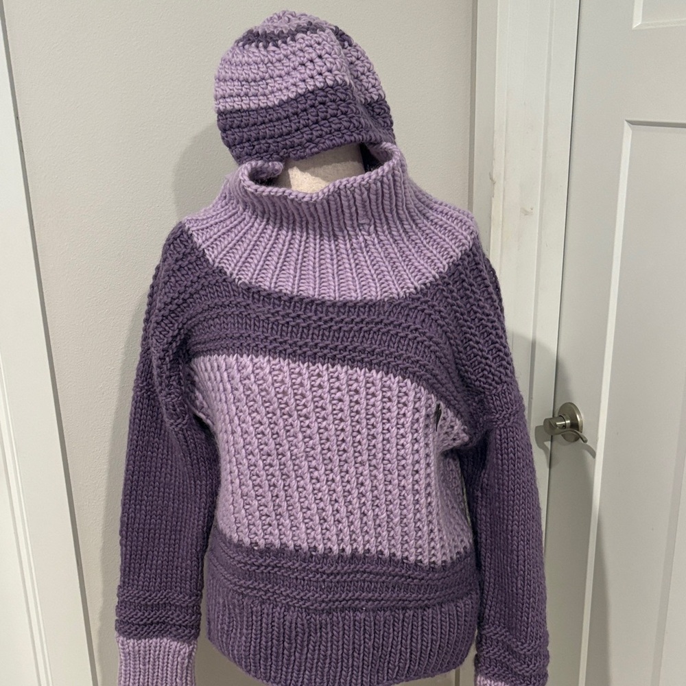 Purple & Lavender Homemade Crochet Wool Sweater & Matching Hat